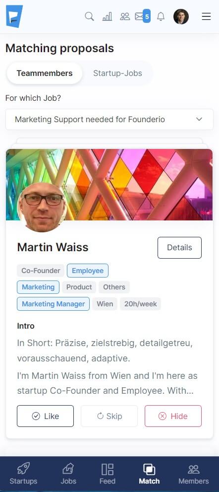 Cofounder Matching Tool for Startup Founders Mobile